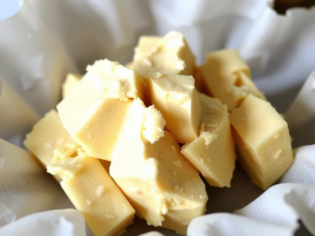 Close-up of unrefined Shea Butter with a creamy texture, highlighting its natural richness. No text.