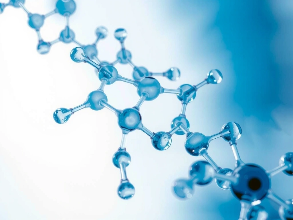 Microscopic view of Hyaluronic Acid molecules, symbolizing deep hydration and scientific purity. No text.